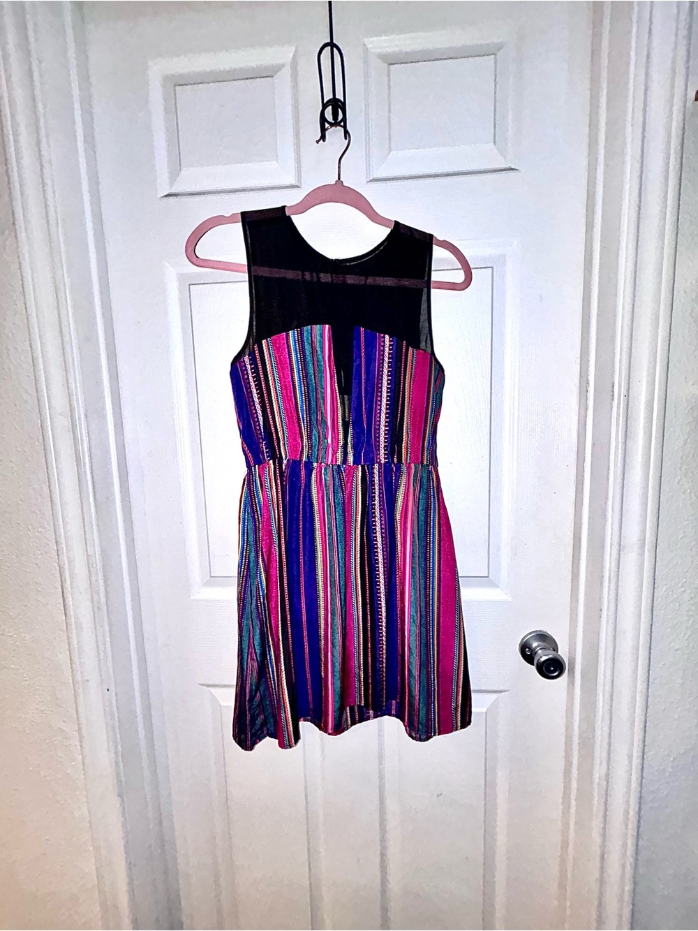 YAYA Nom de Plume Sleeveless Multicolor Striped Mini Dress with Black Mesh Yoke